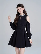 Load image into Gallery viewer, INSTOCK ★BLACK★ Korean Style Black Long Sleeve Shoulder Dress