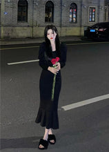 Load image into Gallery viewer, INSTOCK Korean Black U-Neck Slim Effect Dress Elegant Ruffle Long Sleeve