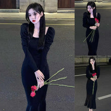 Load image into Gallery viewer, INSTOCK Korean Black U-Neck Slim Effect Dress Elegant Ruffle Long Sleeve