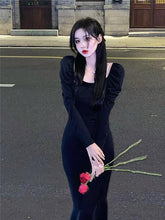 Load image into Gallery viewer, INSTOCK Korean Black U-Neck Slim Effect Dress Elegant Ruffle Long Sleeve