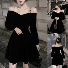 Load image into Gallery viewer, INSTOCK Korean Black Velvet Off Shoulder Slim Effect Long Sleeve Skater Dress + Free Shoulder Accessory