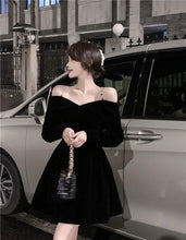 Load image into Gallery viewer, INSTOCK Korean Black Velvet Off Shoulder Slim Effect Long Sleeve Skater Dress + Free Shoulder Accessory
