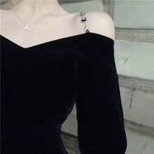 Load image into Gallery viewer, INSTOCK Korean Black Velvet Off Shoulder Slim Effect Long Sleeve Skater Dress + Free Shoulder Accessory