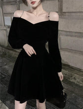 Load image into Gallery viewer, INSTOCK Korean Black Velvet Off Shoulder Slim Effect Long Sleeve Skater Dress + Free Shoulder Accessory