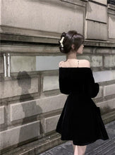 Load image into Gallery viewer, INSTOCK Korean Black Velvet Off Shoulder Slim Effect Long Sleeve Skater Dress + Free Shoulder Accessory