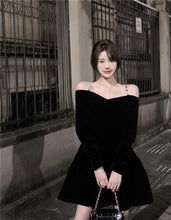 Load image into Gallery viewer, INSTOCK Korean Black Velvet Off Shoulder Slim Effect Long Sleeve Skater Dress + Free Shoulder Accessory