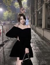 Load image into Gallery viewer, INSTOCK Korean Black Velvet Off Shoulder Slim Effect Long Sleeve Skater Dress + Free Shoulder Accessory