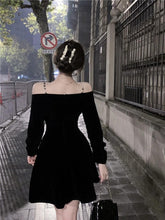 Load image into Gallery viewer, INSTOCK Korean Black Velvet Off Shoulder Slim Effect Long Sleeve Skater Dress + Free Shoulder Accessory