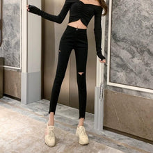 Load image into Gallery viewer, INSTOCK Korean Black Slit Slimming Effect Skinny Ripped Jeans Stretchable