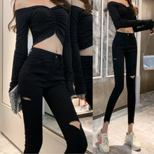 Load image into Gallery viewer, INSTOCK Korean Black Slit Slimming Effect Skinny Ripped Jeans Stretchable