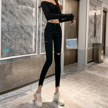 Load image into Gallery viewer, INSTOCK Korean Black Slit Slimming Effect Skinny Ripped Jeans Stretchable
