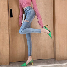 Load image into Gallery viewer, INSTOCK Korean Light Blue Slit Slimming Effect Ripped Jeans Stretchable