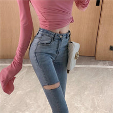 Load image into Gallery viewer, INSTOCK Korean Light Blue Slit Slimming Effect Ripped Jeans Stretchable