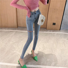 Load image into Gallery viewer, INSTOCK Korean Light Blue Slit Slimming Effect Ripped Jeans Stretchable