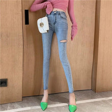 Load image into Gallery viewer, INSTOCK Korean Light Blue Slit Slimming Effect Ripped Jeans Stretchable