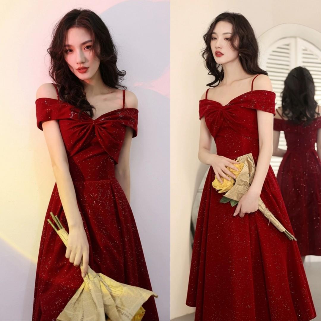 INSTOCK Korean Strap Off Shoulder Red V Neck Slimming Effect Shimmerin Loveth Heartz