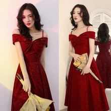 Load image into Gallery viewer, INSTOCK Korean Strap Off Shoulder Red V-Neck Slimming Effect Shimmering A-line Dress Elegant / Evening Gown