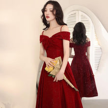 Load image into Gallery viewer, INSTOCK Korean Strap Off Shoulder Red V-Neck Slimming Effect Shimmering A-line Dress Elegant / Evening Gown
