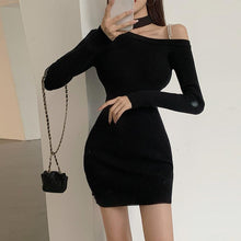 Load image into Gallery viewer, Korean Black Knitted Simple Long Sleeve One-Sided Off Shoulder Dress