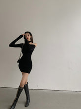 Load image into Gallery viewer, Korean Black Knitted Simple Long Sleeve One-Sided Off Shoulder Dress
