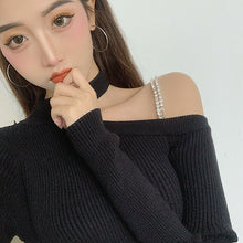 Load image into Gallery viewer, Korean Black Knitted Simple Long Sleeve One-Sided Off Shoulder Dress