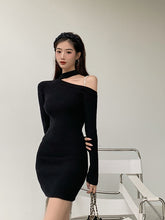 Load image into Gallery viewer, Korean Black Knitted Simple Long Sleeve One-Sided Off Shoulder Dress