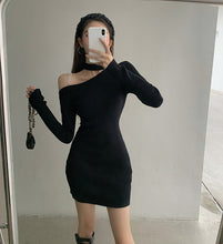 Load image into Gallery viewer, Korean Black Knitted Simple Long Sleeve One-Sided Off Shoulder Dress