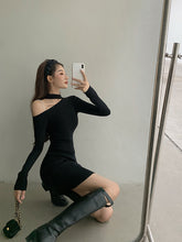 Load image into Gallery viewer, Korean Black Knitted Simple Long Sleeve One-Sided Off Shoulder Dress