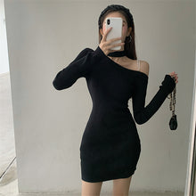 Load image into Gallery viewer, Korean Black Knitted Simple Long Sleeve One-Sided Off Shoulder Dress