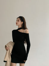 Load image into Gallery viewer, Korean Black Knitted Simple Long Sleeve One-Sided Off Shoulder Dress