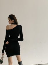 Load image into Gallery viewer, Korean Black Knitted Simple Long Sleeve One-Sided Off Shoulder Dress