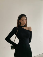 Load image into Gallery viewer, Korean Black Knitted Simple Long Sleeve One-Sided Off Shoulder Dress
