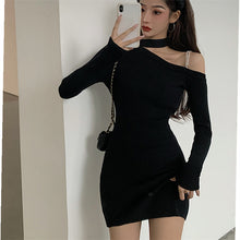 Load image into Gallery viewer, Korean Black Knitted Simple Long Sleeve One-Sided Off Shoulder Dress
