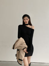 Load image into Gallery viewer, Korean Black Knitted Simple Long Sleeve One-Sided Off Shoulder Dress
