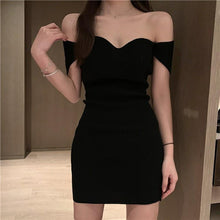 Load image into Gallery viewer, INSTOCK Korean Black 2 WAY Slim Off Shoulder Knitted Short-Sleeve Bodycon Dress