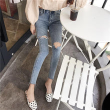 Load image into Gallery viewer, INSTOCK Korean Light Blue Ripped Slit Stretchable Slim Jeans Nine-quarter