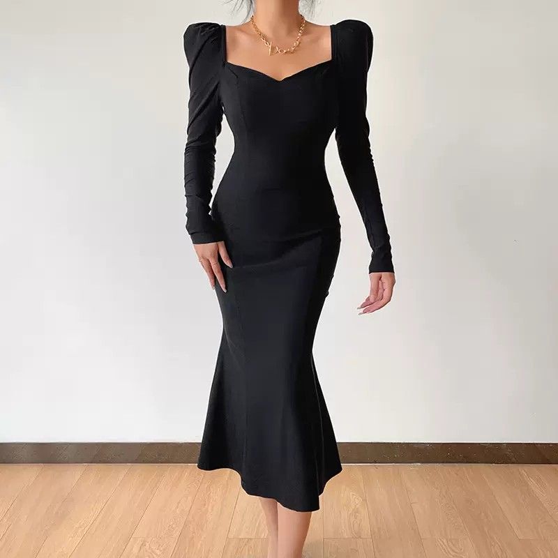 INSTOCK (3 SIZES) Korean Style Black Long Sleeve Puff Dress [Slimming Effect]