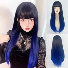 Load image into Gallery viewer, INSTOCK ★BLACK BLUE GRADIENT★ Korean Ombre Airy Bangs Long Straight Hair Wig [Adjustable/Breathable]
