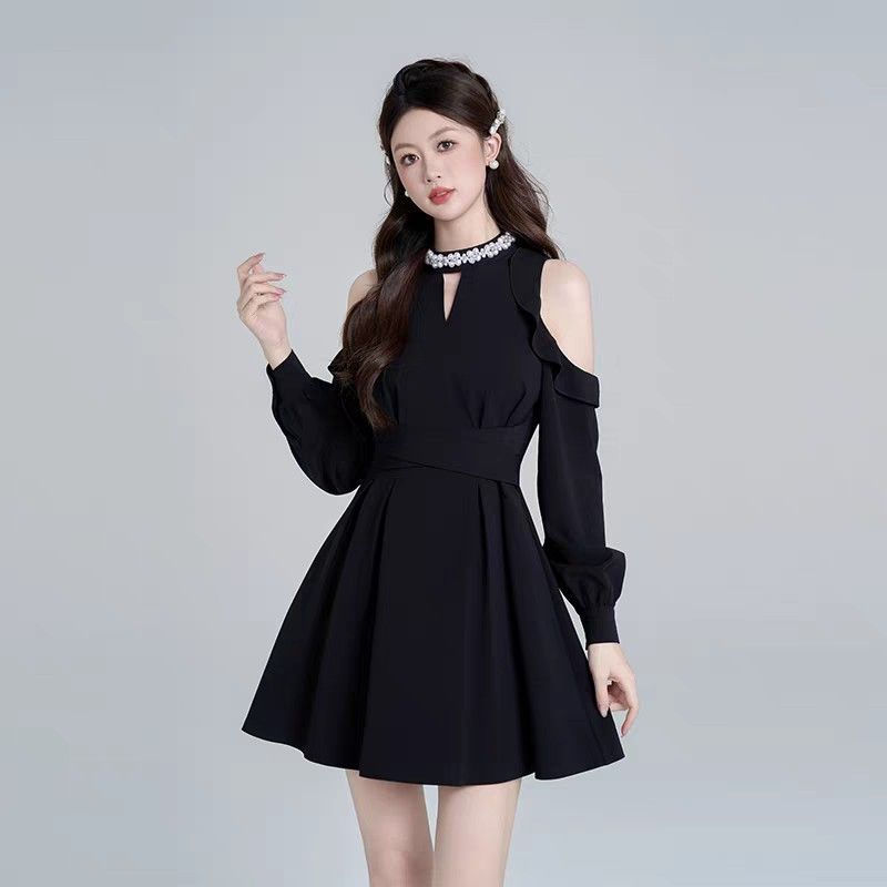 INSTOCK ★BLACK★ Korean Style Black Long Sleeve Shoulder Dress