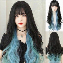 Load image into Gallery viewer, INSTOCK ★Black-Turquoise Blue Highlights★ Korean Streaks Airy Bangs Long Hair Wig [Adjustable/Breathable]

