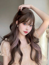 Load image into Gallery viewer, INSTOCK ★COLD BROWN PINK HIGHLIGHTS★ Korean Style Natural Curly Wavy Airy Bangs Long Hair Wig [Adjustable/Breathable]
