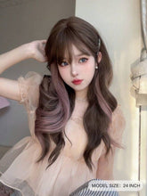 Load image into Gallery viewer, INSTOCK ★COLD BROWN PINK HIGHLIGHTS★ Korean Style Natural Curly Wavy Airy Bangs Long Hair Wig [Adjustable/Breathable]
