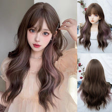 Load image into Gallery viewer, INSTOCK ★COLD BROWN PINK HIGHLIGHTS★ Korean Style Natural Curly Wavy Airy Bangs Long Hair Wig [Adjustable/Breathable]
