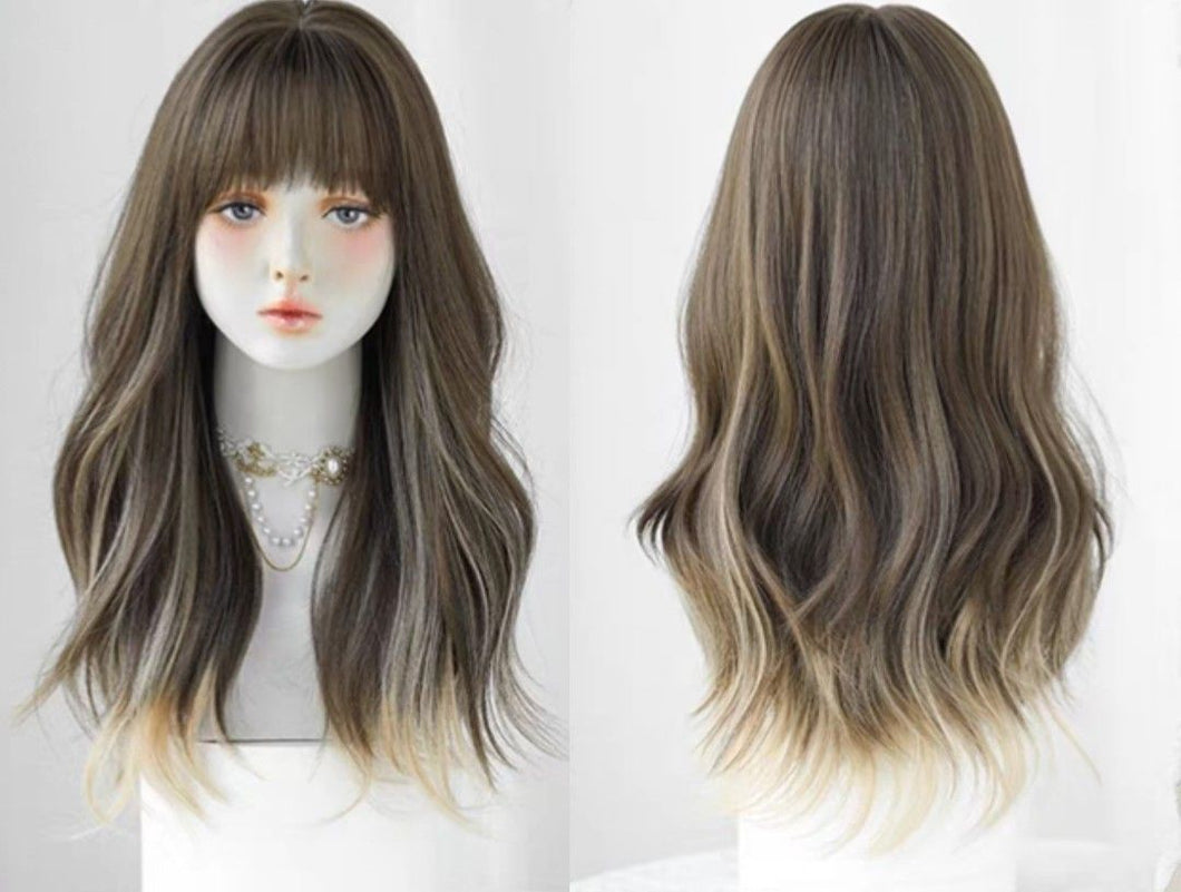 INSTOCK ★Cold Brown Blonde Highlights★ Korean Natural Wavy Curls Airy Bangs Mid Length Hair Wig [Adjustable/Breathable]