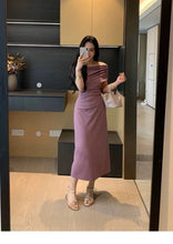 Load image into Gallery viewer, INSTOCK - L Size Korean Style Purple Off Shoulder Design Long Prom Dress [Slimming Effect]
