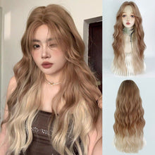Load image into Gallery viewer, INSTOCK ★Gold Brown Blonde Highlights★  *LACE FRONT* Korean Mid Parting / Curtain Bangs Wavy Long Hair Wig [Adjustable / Breathable]
