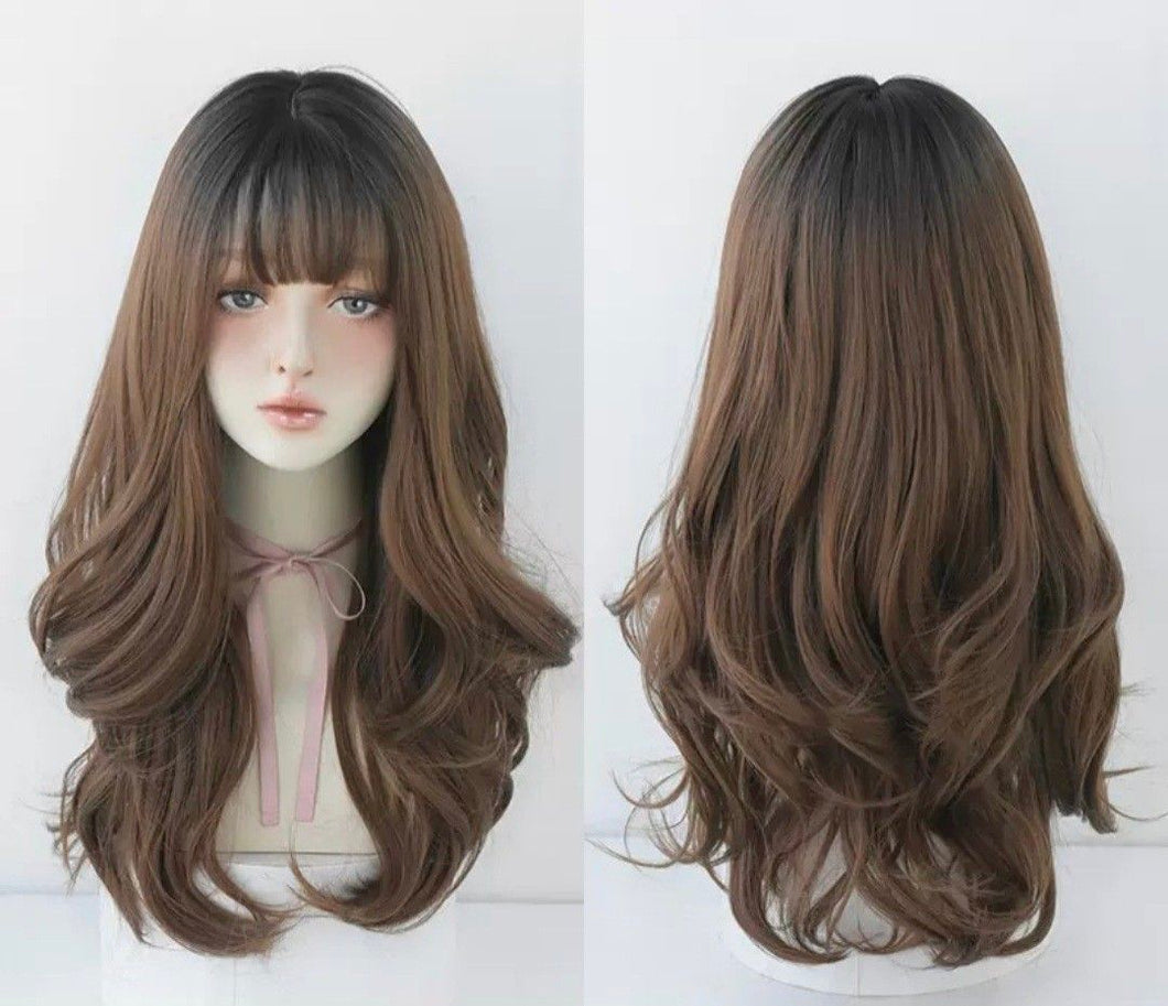 INSTOCK ★LIGHT BROWN★ Korean Natural Wavy Curly Airy Bangs Long Hair Wig [Adjustable/Breathable]