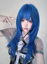 Load image into Gallery viewer, INSTOCK ★NEON BLUE★ Korean Layered Straight Airy Bangs Long Hair Cosplay Wig [Adjustable/Breatheable]
