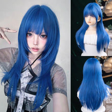 Load image into Gallery viewer, INSTOCK ★NEON BLUE★ Korean Layered Straight Airy Bangs Long Hair Cosplay Wig [Adjustable/Breatheable]
