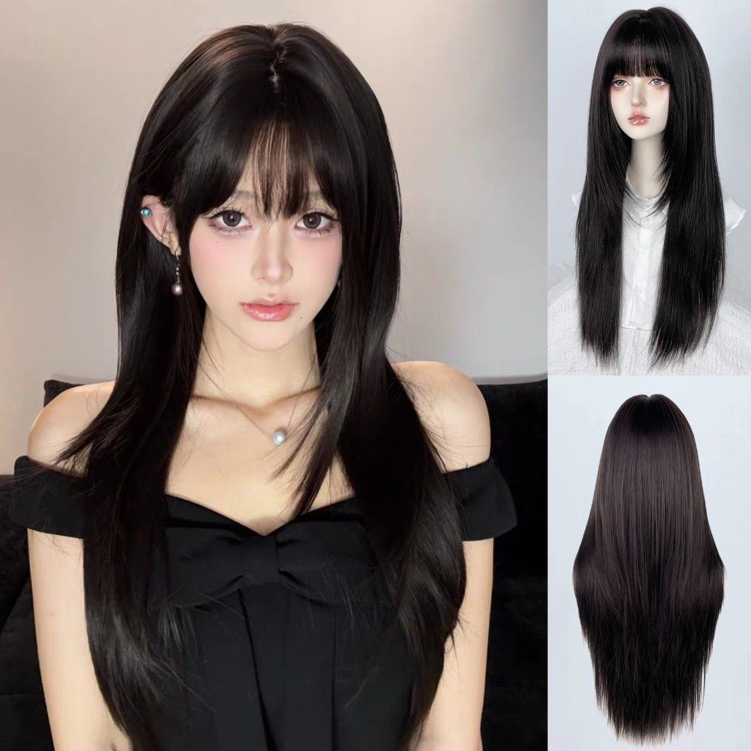 INSTOCK ★BROWN-BLACK★ Korean Layered Straight Airy Bangs Long Hair Wig [Adjustable/Breathable]